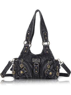 Women's Denim Black PU leather Zipper Multi-Pocket Small Hobo Shoulder Bag